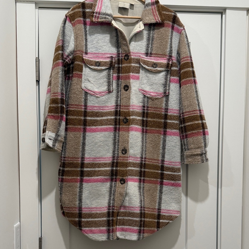 Joie Plaid Button-Front Shacket in Cream, Brown & Pink